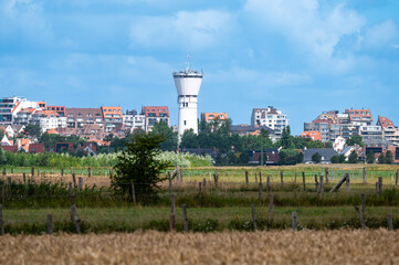 Golden wheat fields with a view over Heist and Duinbergen in Ramskapelle, Knokke Heist, West Flanders Belgium