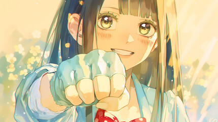 応援してくれる女の子。水彩画。イラスト。