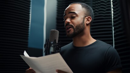 African American male in a black shirt, recording or dubbing in a sound booth, focused on his script. Voice actor, dub shot.