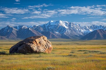 Open tundra with large boulder mountain range scenery 