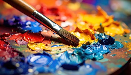 Fototapeta premium Colorful Palette with Brush: Artistic Expression of Vibrant Paints and Creativity