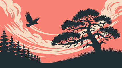 Serene Nature Scene with Eagle Flying Over Forest Landscape in Vector Illustration with Dramatic Sunset and Clouds