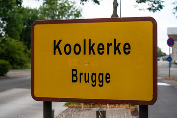 Road sign to the village of Koolkerke, part of Bruges, West Flanders, Belgium