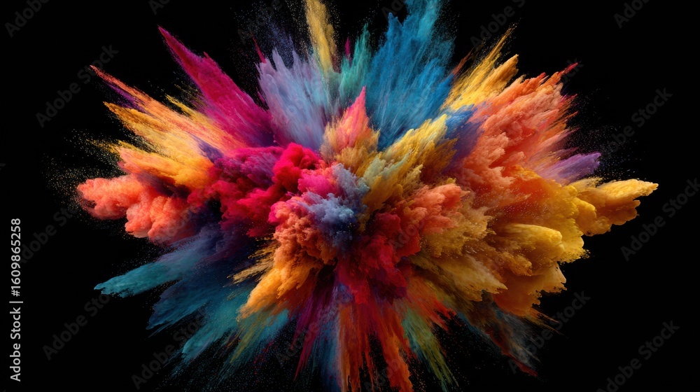 Poster colorful abstract brain explosion on black canvas with vibrant hues and dynamic shapes creating an e