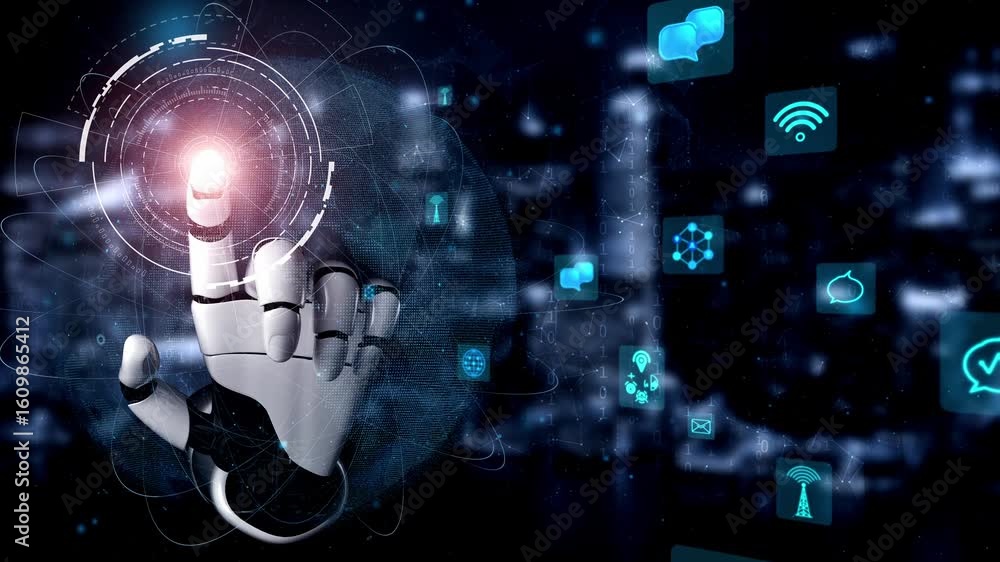 Poster a robotic hand interacts with a digital interface featuring various virtual icons, symbolizing advan