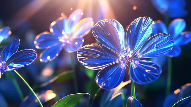 surreal flower beautiful purple crystal  flower field with sparkle shiny light