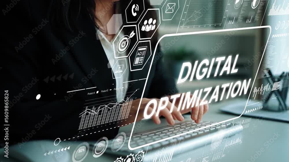 Poster businesswoman working on digital optimization strategy with modern technology and data analytics int