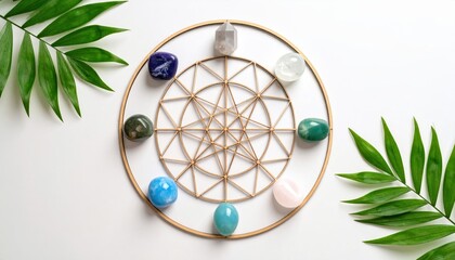Crystal Grid with Gemstones and Palm Leaves on White Background, Holistic Healing