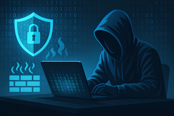 A hacker in a hoodie in a dark room surrounded by binary code and firewall graphics symbolizes the fight between cybercriminals and cybersecurity
