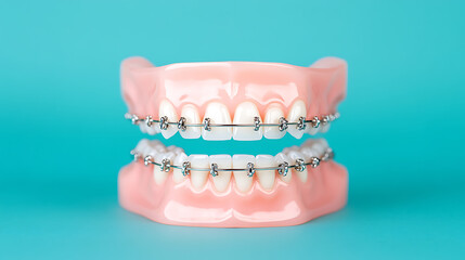 Obraz premium Dental braces align teeth for a perfect smile. An orthodontic treatment using brackets and wires. Professional teeth care.