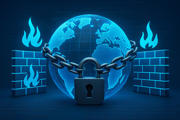 A 3D-rendered image of a digital globe surrounded by protective firewalls, chains, and padlocks, with lines of code in the background