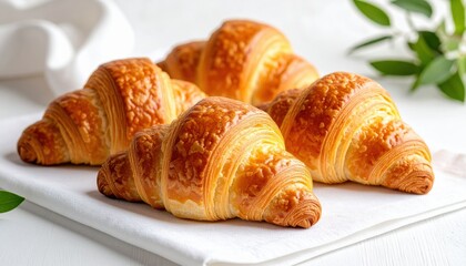 Golden-Brown Croissants on White Linen, Close-Up