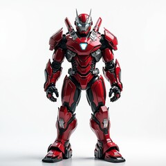 Futuristic cyber hero in powerful red and black armor. Features glowing orange accents on visor and chest plate. Sleek metallic design, strong warrior build, sci-fi concept art illustration.