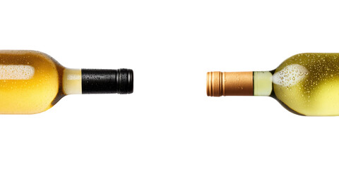 Two chilled white wine bottles lying horizontally with condensation droplets on their surfaces.