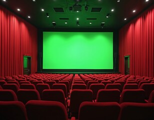 Obraz premium Empty cinema hall features red seats and large green screen. Stage curtains in deep red frame the glowing screen, setting a modern scene for film production or virtual sets.