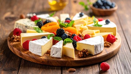 Gourmet cheese board with brie, berries, apricots, walnuts, and mint on rustic wood