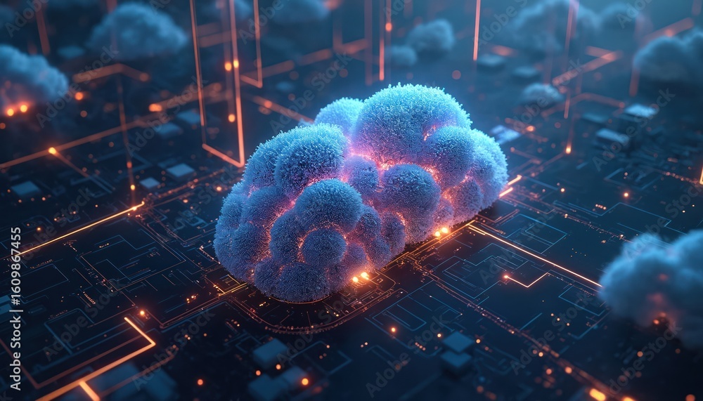 Aufkleber futuristic cloud computing infographic visualizes digital realm with high-tech aerial view. neon lin