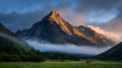 Majestic mountain peak illuminated by golden sunlight piercing through dramatic clouds and mist golden hour