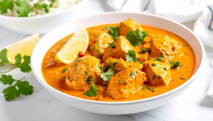 Creamy chicken curry in white bowl