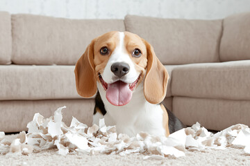 Mischievous beagle with torn paper on carpet, indoors. Adorable puppy dog looking guilty after a playful accident. Domestic scene with light-colored furniture.