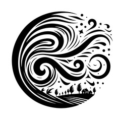 Fototapeta premium Abstract Swirls with Rural Village Silhouette.