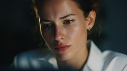 Focused woman working late at computer, close-up portrait in low light