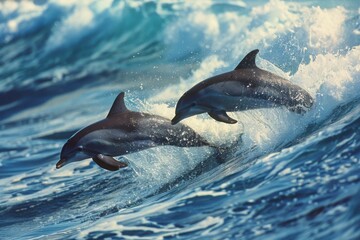 Playful dolphins jumping over breaking waves. Hawaii Pacific Ocean wildlife scenery. Marine animals in natural habitat.