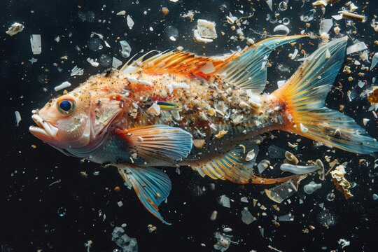 Micro plastics in fish on black background. Concept of marine pollution including e microfibers from clothing, microbeads and plastic pellets
