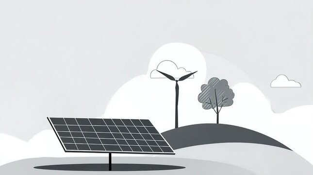 Renewable energie source wind turine and photovoltaic panel illustrated AI Animation video