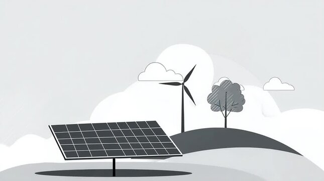 Renewable energie source wind turine and photovoltaic panel illustrated AI Animation video