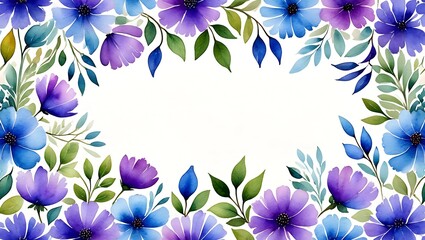 Elegant Floral Watercolor Frame with Blue and Purple Flowers a Beautiful Botanical Border for Invitations and Cards