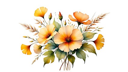 Elegant Watercolor Floral Arrangement with Yellow and Orange Blossoms on a White Background Artwork for Design Projects