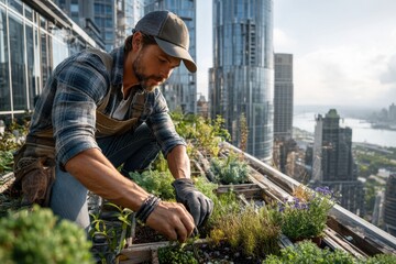 Urban gardener cultivates rooftop herbs and plants overlooking city skyline at sunset