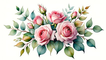 Elegant Watercolor Rose Bouquet with Lush Green Foliage on White Background Artistic Floral Illustration