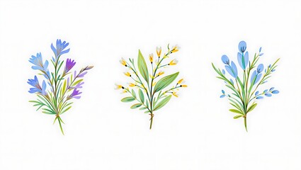 Three Watercolor Floral Arrangements on White Background Delicate Botanical Illustrations for Spring Decor and Art Projects