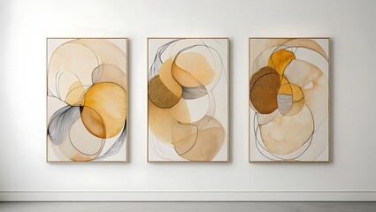 Three Abstract Paintings with Circles and Neutral Colors Modern Wall Art for Home Decor and Interior Design
