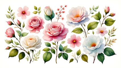 Watercolor floral arrangement with pink and white roses isolated on a white background perfect for wedding invitations and greeting cards design