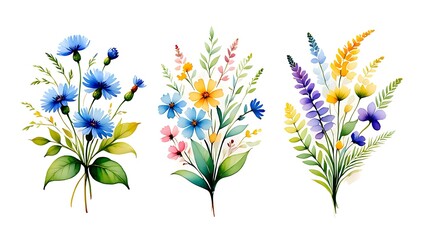 Watercolor Flower Bouquets for Card Design Invitation and Decoration Delicate Floral Set Isolated on White Background Beautiful Spring Floral Design