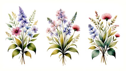 Watercolor Flower Bouquet Collection Isolated on White Background Ideal for Wedding Invitations and Greeting Cards Showcasing Delicate Floral Arrangements and Botanical Art