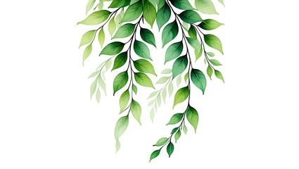 Watercolor Green Leaves Hanging Vines on White Background a Delicate Botanical Illustration for Decorative Elements