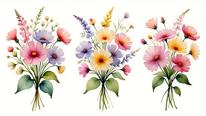 Watercolor Flower Bouquets Isolated on White Background Artistic Floral Arrangements in Pastel Colors for Spring and Summer Designs