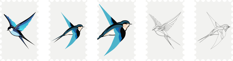 Set of postage stamps with swallows. Vector illustration.