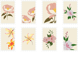 Set of postage stamps with flowers. Stamps with blossoming bright flowers. Vector illustration.
