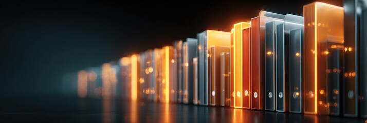Digital Library With Glowing Folders Showcasing Concepts Like Growth, Vision, and Purpose in a Minimalistic Environment