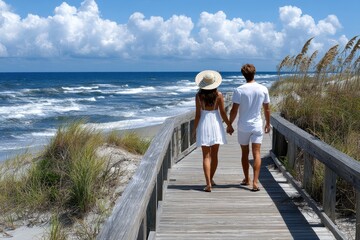 Couple walking hand in hand along a beachside boardwalk on a sunny day