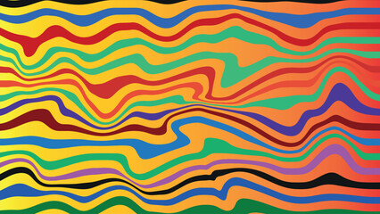 Seamless retro wave background in bold red and yellow tones with dynamic flowing lines in horizontal and vertical format, psychedelic 60s 70s vector illustration for nostalgic themes