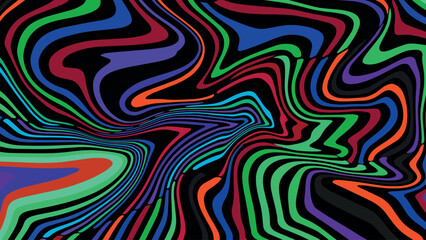 Vintage retro style abstract vector background featuring red, yellow, and multicolored dynamic wave patterns in 60s 70s psychedelic design across horizontal and vertical orientations