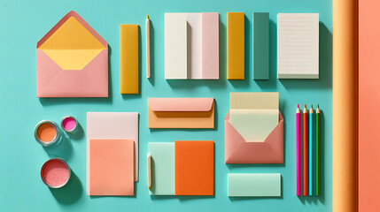 Pastel stationery and art supplies arranged neatly on a turquoise background pastel colors knolling