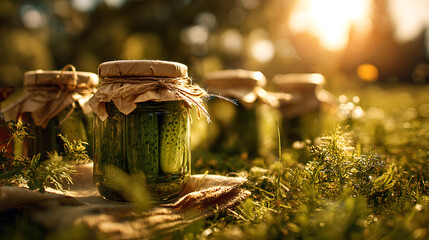 Preserved Cucumbers In Glass Jars Tied With Twine And Paper pickles