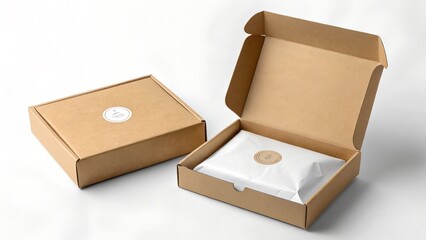 Two cardboard boxes on a white surface one open and one closed